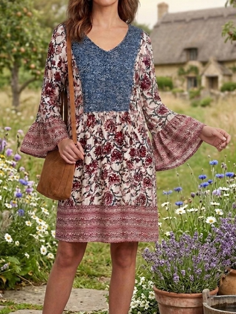 Style & Co Boho Mixed Print Peasant Dress Large